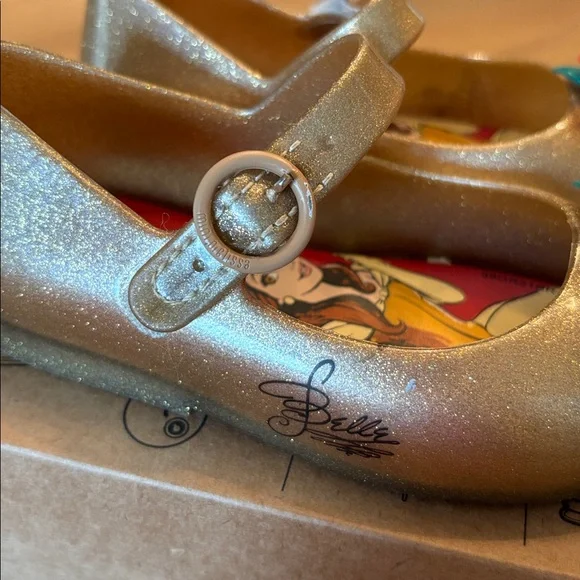 Mini Melissa Gold Belle Dress Shoes with Red Rose Accent - Picture 6 of 9